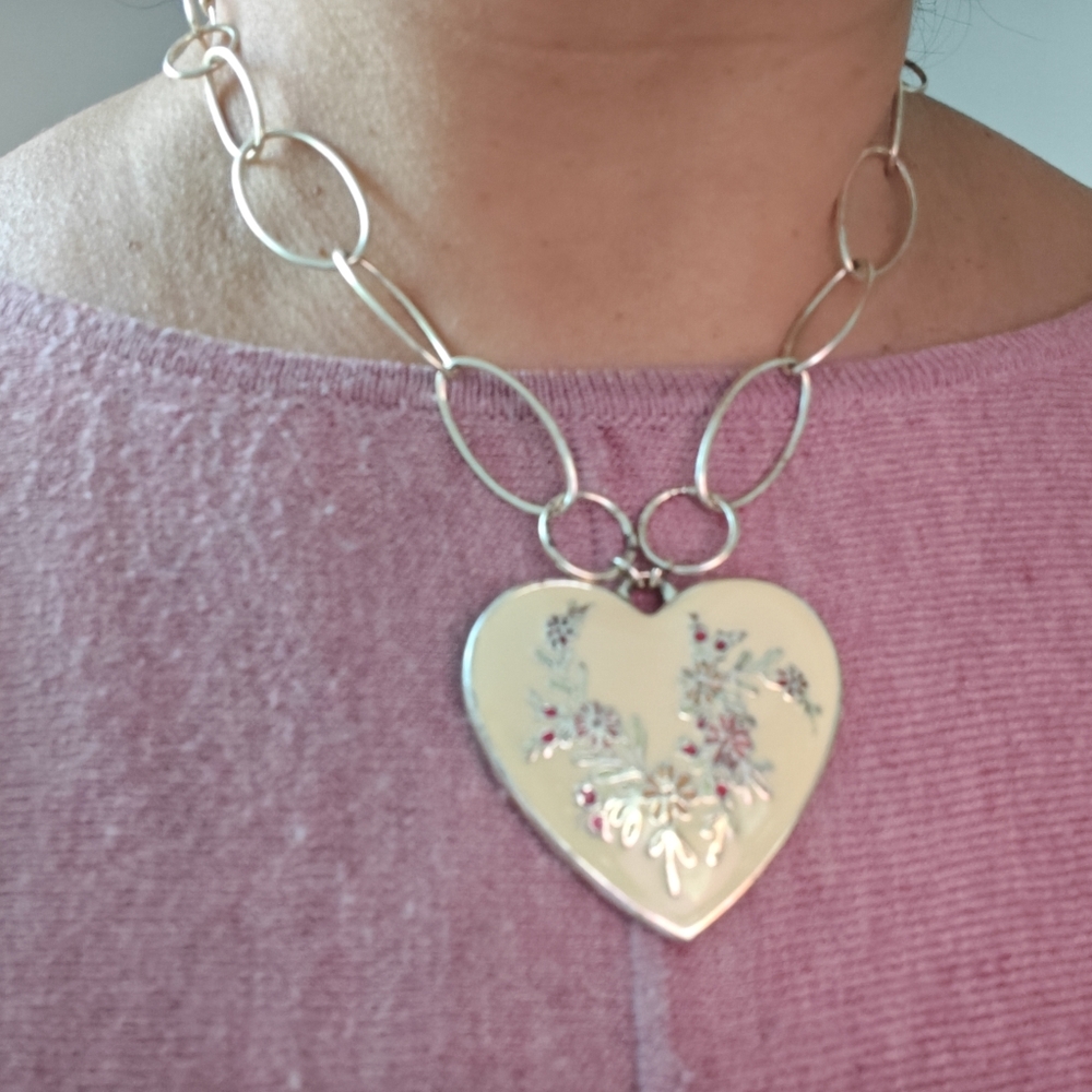 Danish Design Pilgrim Large Two Sided Heart Pendant Necklace Silver Tone - Picture 8 of 15